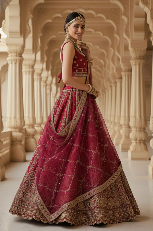 Majestic Red Gadhwal Silk Embroidered Bridal Lehenga Choli with Zari Work and Net Dupatta