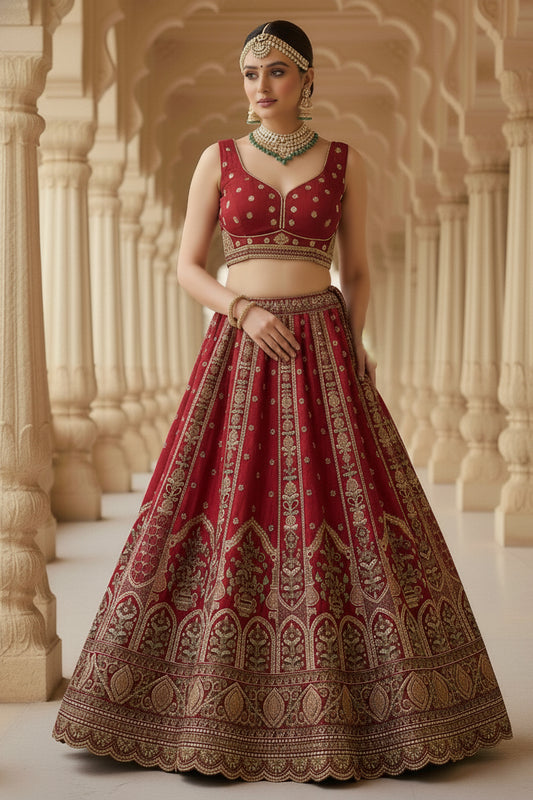 Majestic Red Gadhwal Silk Embroidered Bridal Lehenga Choli with Zari Work and Net Dupatta