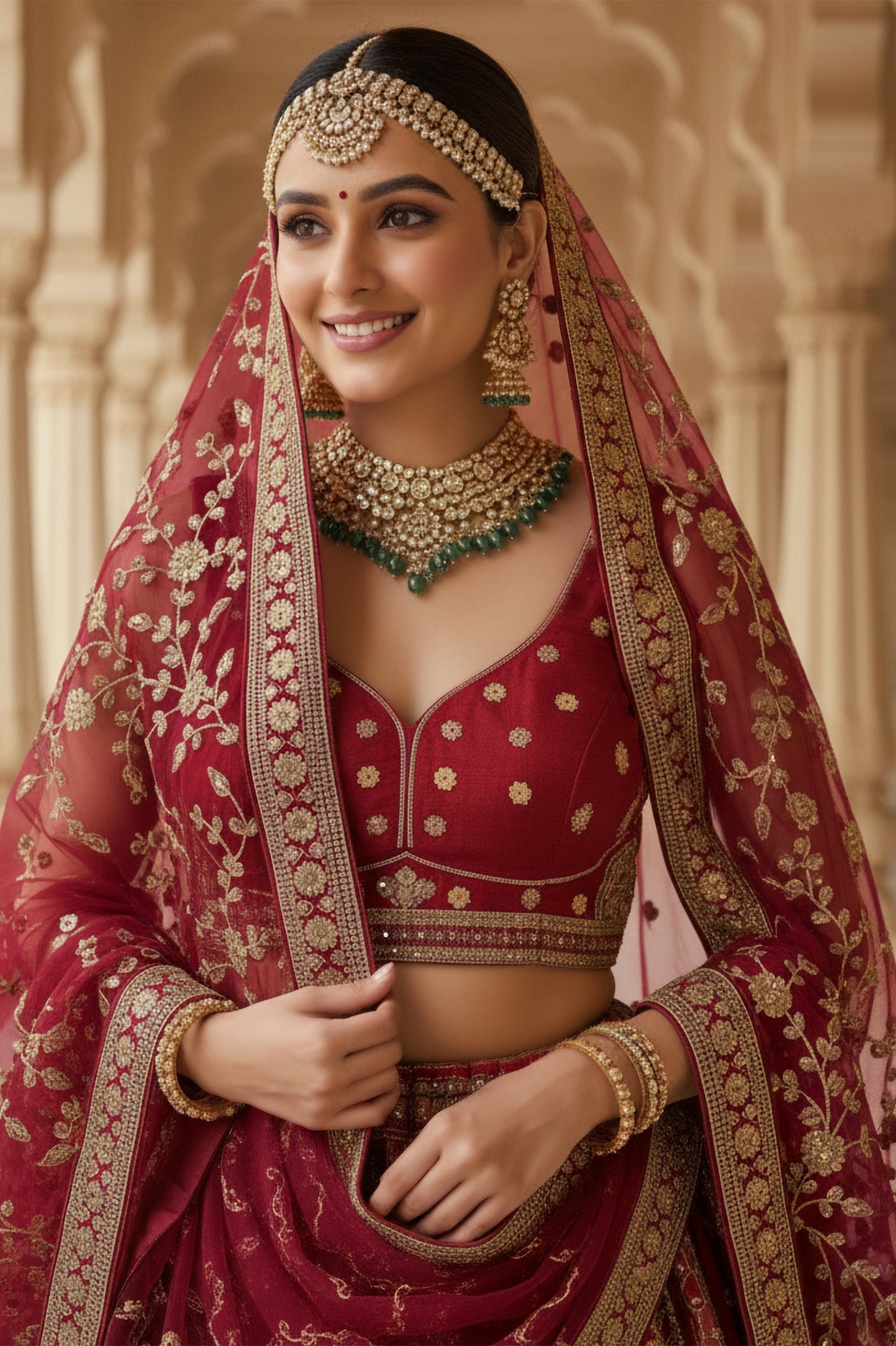 Majestic Red Gadhwal Silk Embroidered Bridal Lehenga Choli with Zari Work and Net Dupatta