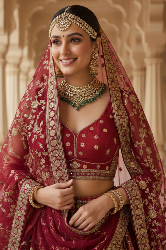 Majestic Red Gadhwal Silk Embroidered Bridal Lehenga Choli with Zari Work and Net Dupatta