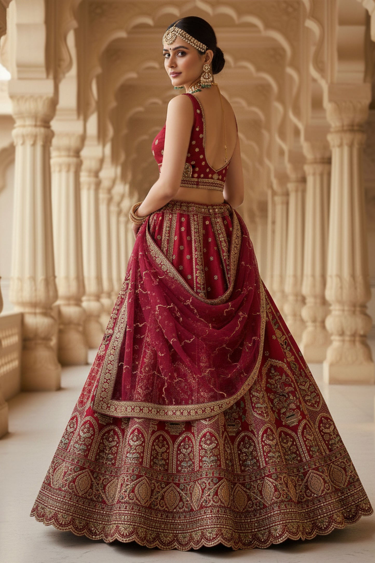 Majestic Red Gadhwal Silk Embroidered Bridal Lehenga Choli with Zari Work and Net Dupatta