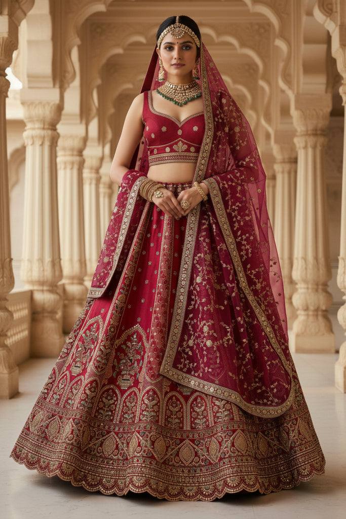 Majestic Red Silk Embroidered Bridal Lehenga Choli with Heavy Zari Work and Net Dupatta