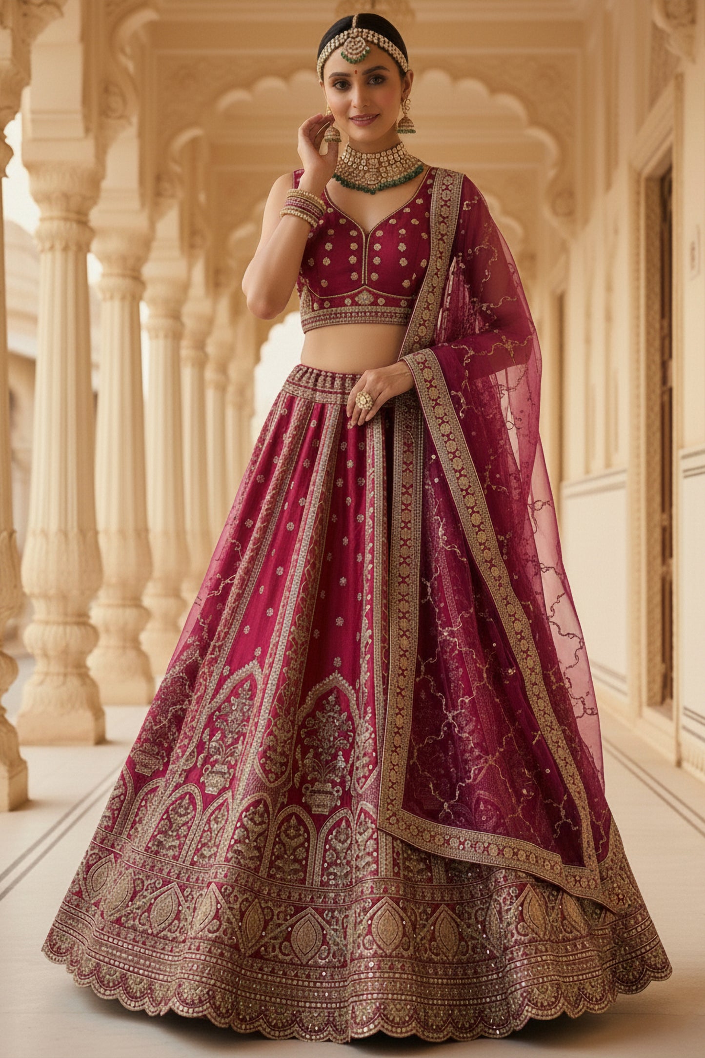 Royal Dark Pink Gadhwal Silk Embroidered Bridal Lehenga Choli with Zari and Sequins Work Dupatta