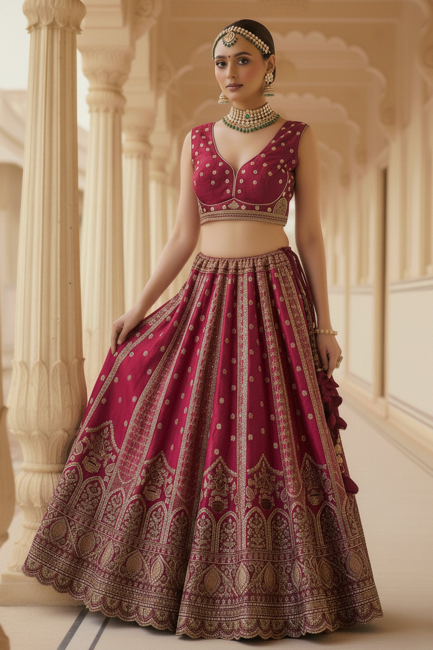 Royal Dark Pink Gadhwal Silk Embroidered Bridal Lehenga Choli with Zari and Sequins Work Dupatta