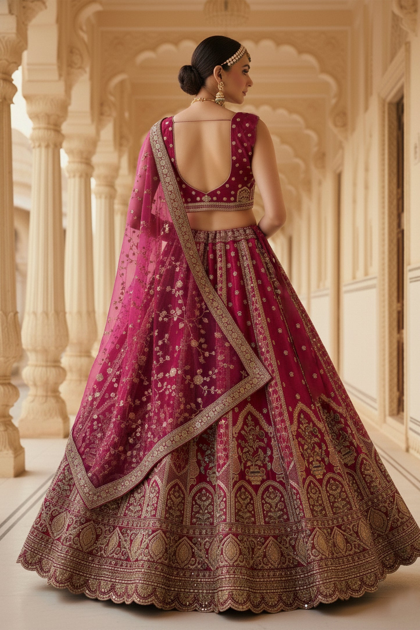 Royal Dark Pink Gadhwal Silk Embroidered Bridal Lehenga Choli with Zari and Sequins Work Dupatta