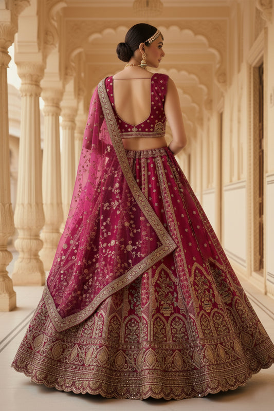 Royal Dark Pink Gadhwal Silk Embroidered Bridal Lehenga Choli with Zari and Sequins Work Dupatta