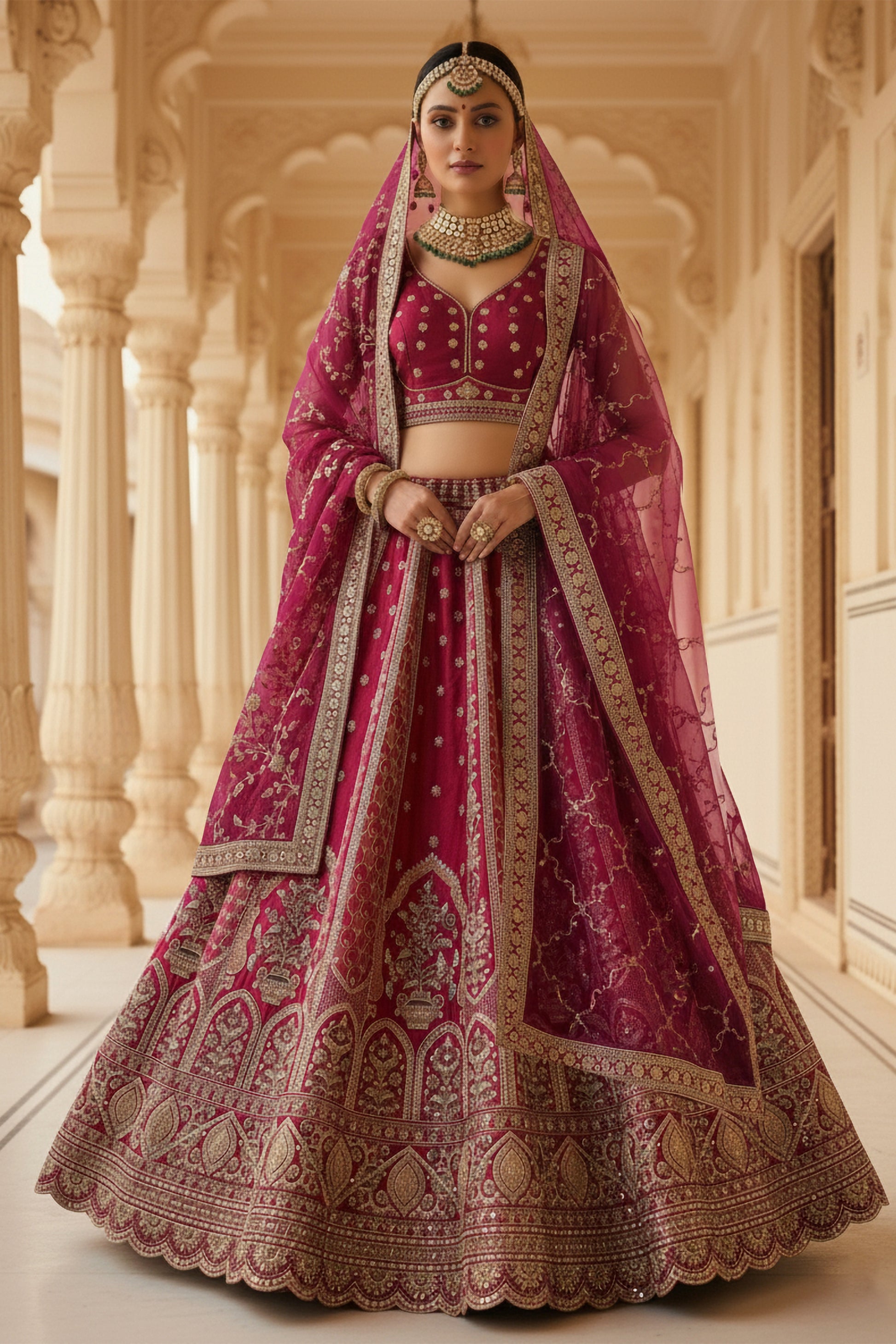 Royal Dark Pink Silk Embroidered Bridal Lehenga Choli with Zari and Sequins Work Dupatta