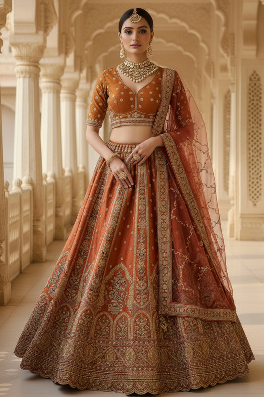 Elegant Rust Orange Gadhwal Silk Embroidered Bridal Lehenga Choli with Zari and Sequins Work Dupatta