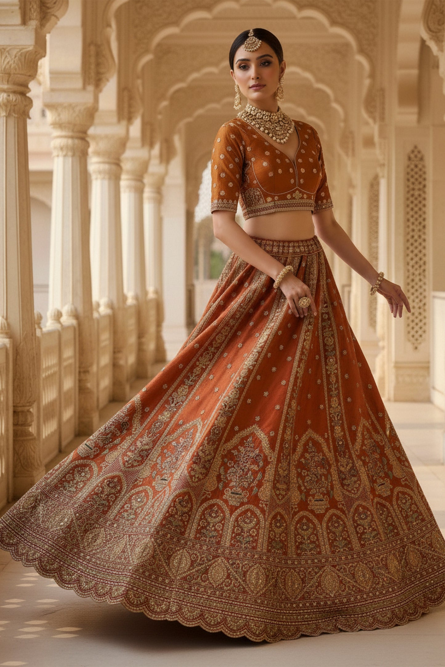 Elegant Rust Orange Gadhwal Silk Embroidered Bridal Lehenga Choli with Zari and Sequins Work Dupatta