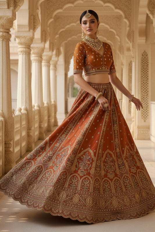 Elegant Rust Orange Gadhwal Silk Embroidered Bridal Lehenga Choli with Zari and Sequins Work Dupatta