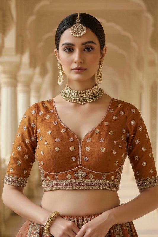 Elegant Rust Orange Gadhwal Silk Embroidered Bridal Lehenga Choli with Zari and Sequins Work Dupatta