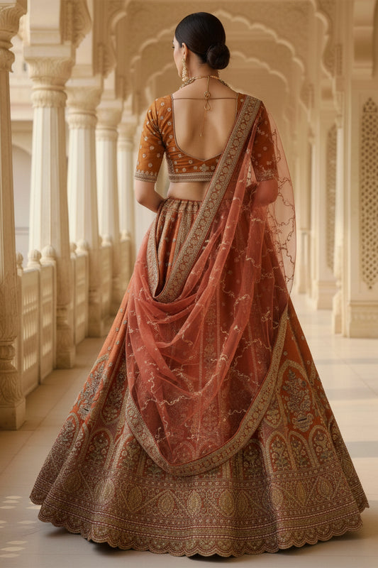 Elegant Rust Orange Gadhwal Silk Embroidered Bridal Lehenga Choli with Zari and Sequins Work Dupatta