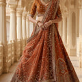 Elegant Rust Orange Gadhwal Silk Embroidered Bridal Lehenga Choli with Zari and Sequins Work Dupatta