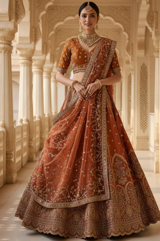 Elegant Rust Orange Gadhwal Silk Embroidered Bridal Lehenga Choli with Zari and Sequins Work Dupatta
