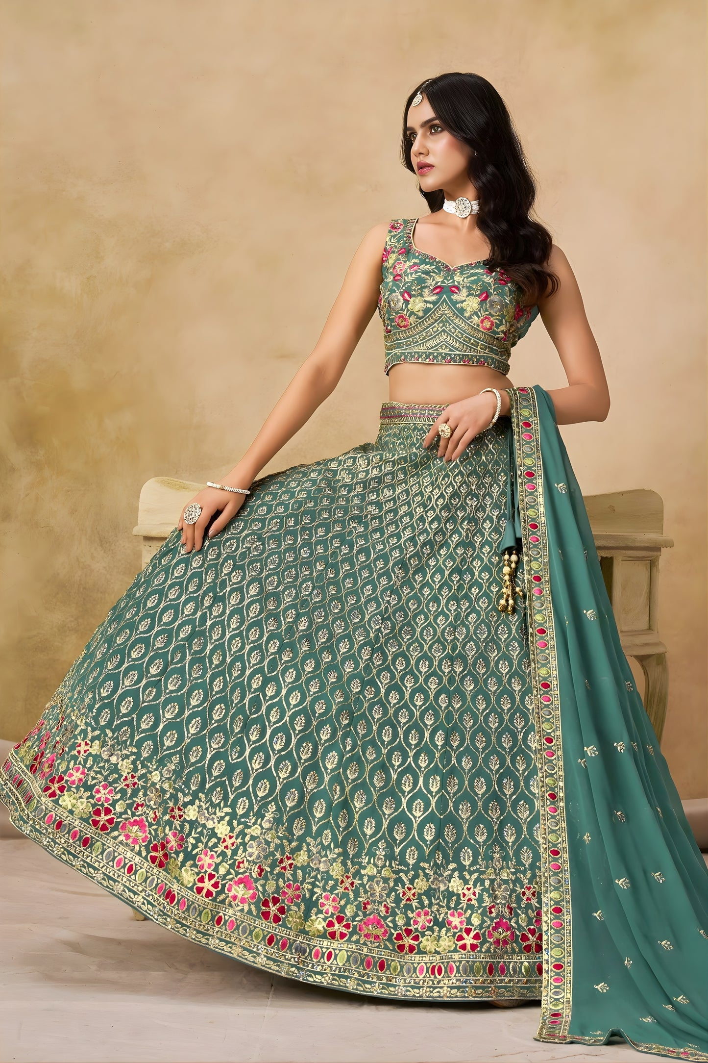 Elegant Sea Green Georgette Lehenga Choli with Floral Zari Work and Matching Dupatta for Wedding