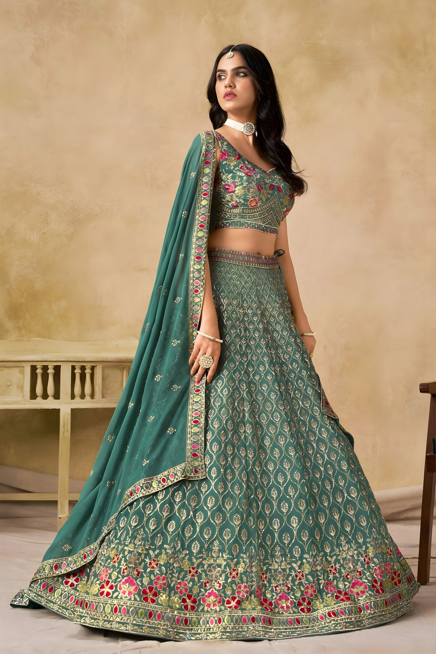 Elegant Sea Green Georgette Lehenga Choli with Floral Zari Work and Matching Dupatta for Wedding