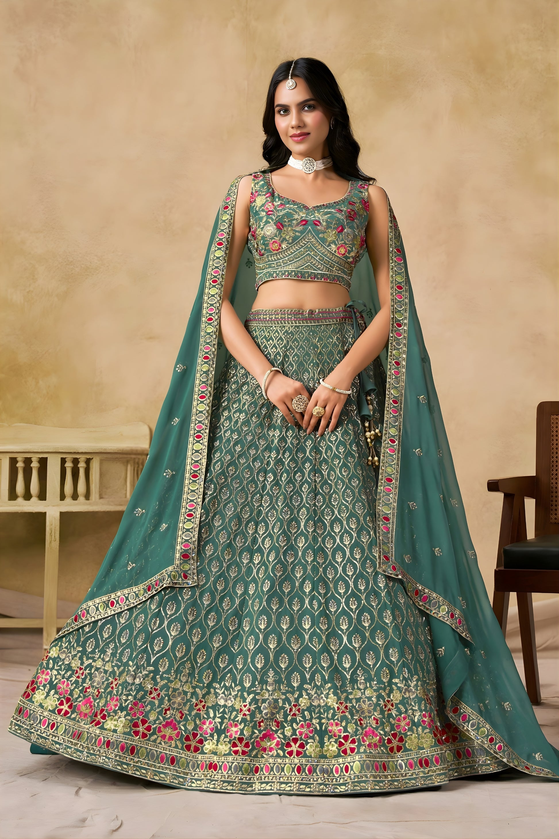 Elegant Sea Green Georgette Lehenga Choli with Floral Zari Work and Matching Dupatta for Wedding
