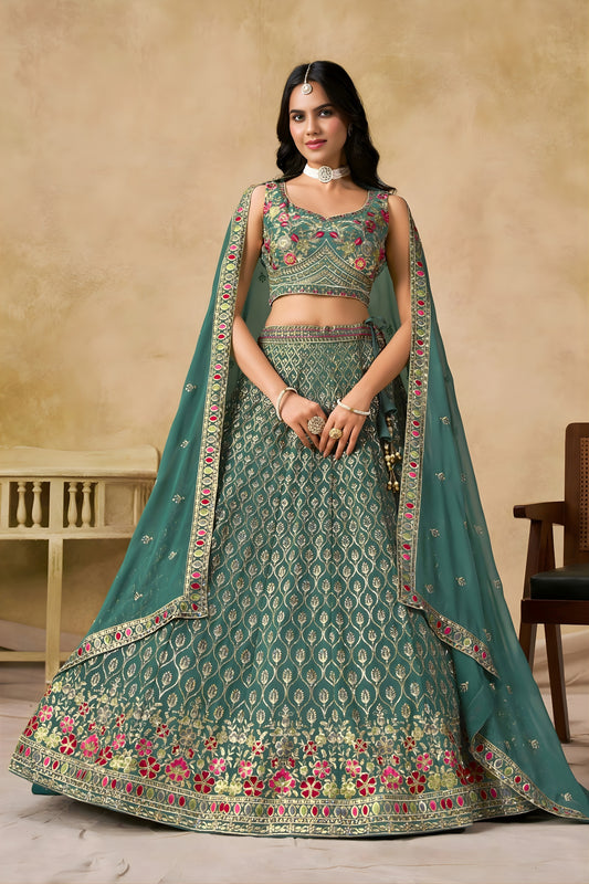 Elegant Sea Green Georgette Lehenga Choli with Floral Zari Work and Matching Dupatta for Wedding