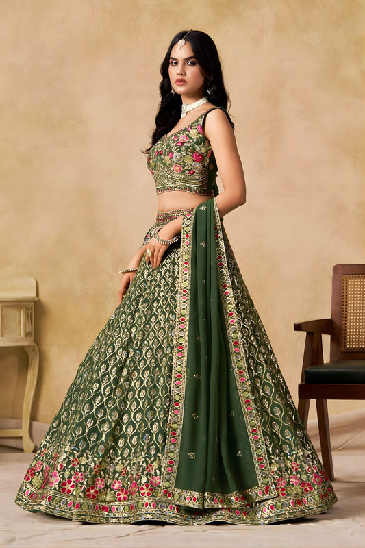 Stylish Dark Green Georgette Lehenga Choli with Floral Zari Embroidery and Matching Dupatta for Wedding
