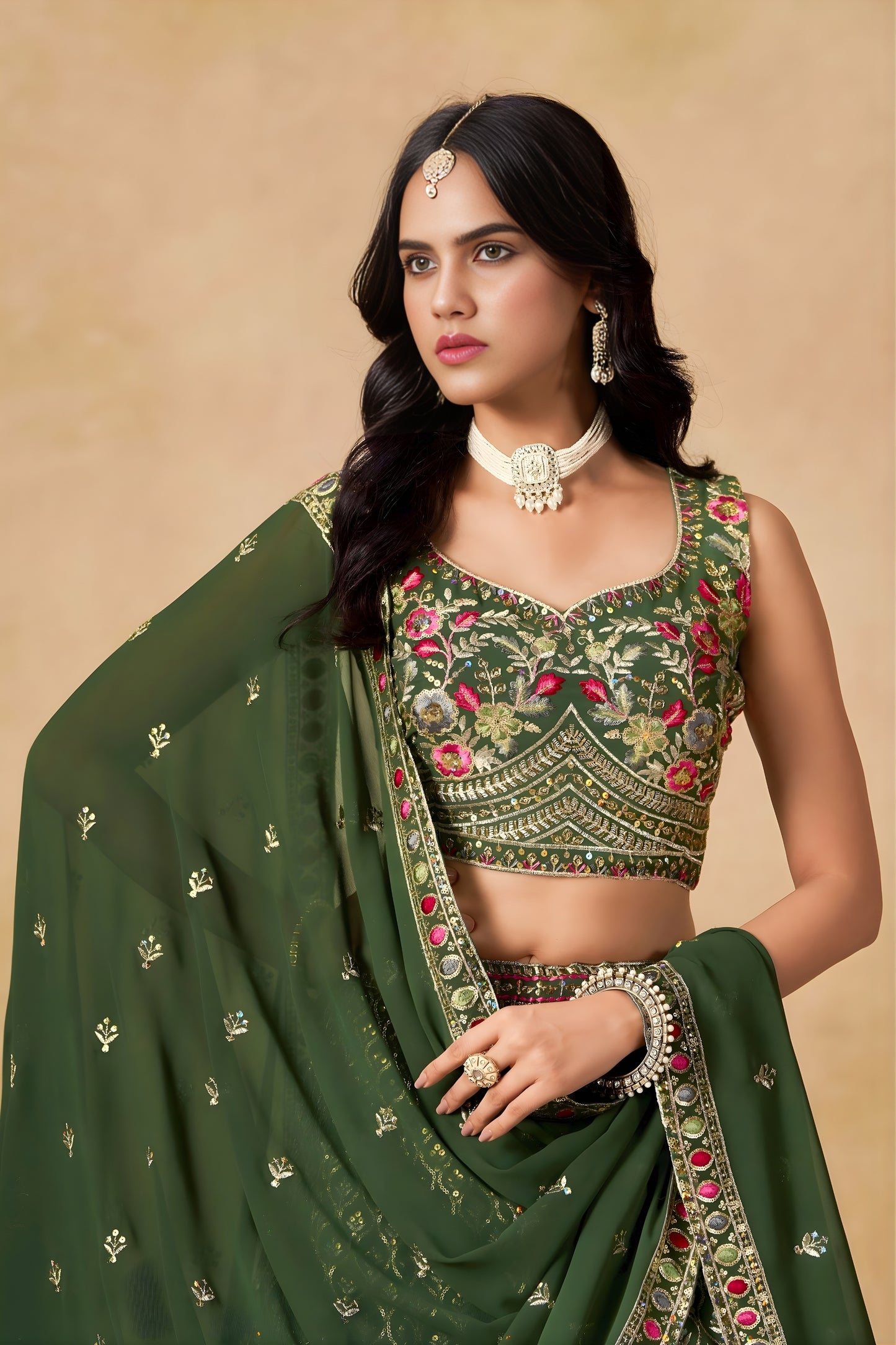 Stylish Dark Green Georgette Lehenga Choli with Floral Zari Embroidery and Matching Dupatta for Wedding