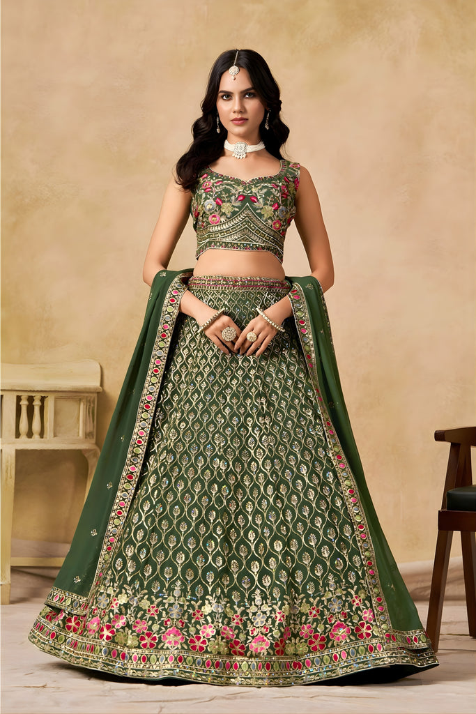 Stylish Green Georgette Lehenga Choli with Floral Zari Embroidery and Matching Dupatta for Wedding