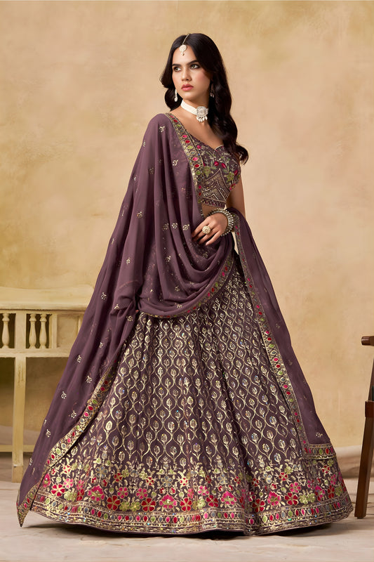 Trendy Purple Georgette Lehenga Choli with Floral Zari Embroidery and Matching Dupatta for Wedding