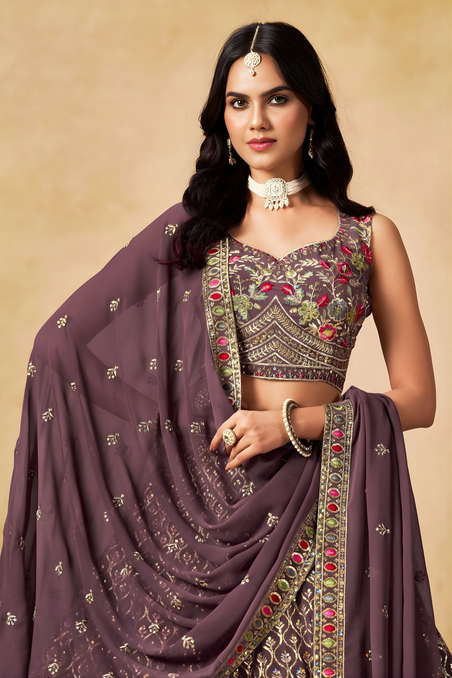 Trendy Purple Georgette Lehenga Choli with Floral Zari Embroidery and Matching Dupatta for Wedding