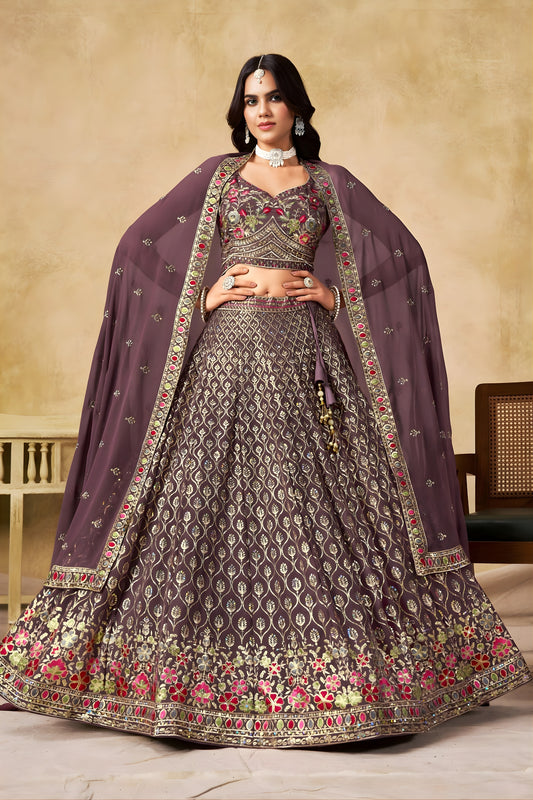 Trendy Purple Georgette Lehenga Choli with Floral Zari Embroidery and Matching Dupatta for Wedding
