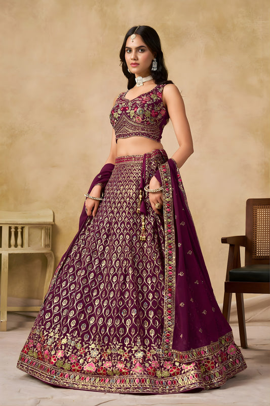 Fancy Maroon Georgette Lehenga Choli with Floral Zari Embroidery and Matching Dupatta for Wedding