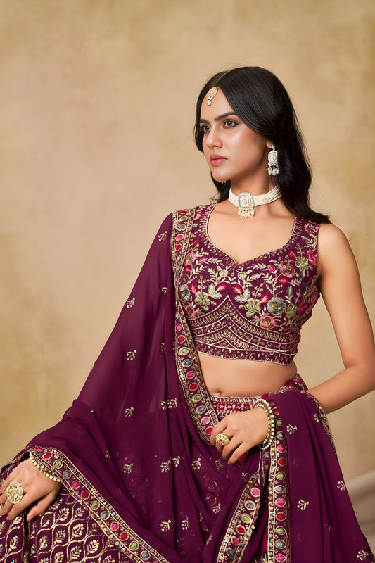 Fancy Maroon Georgette Lehenga Choli with Floral Zari Embroidery and Matching Dupatta for Wedding