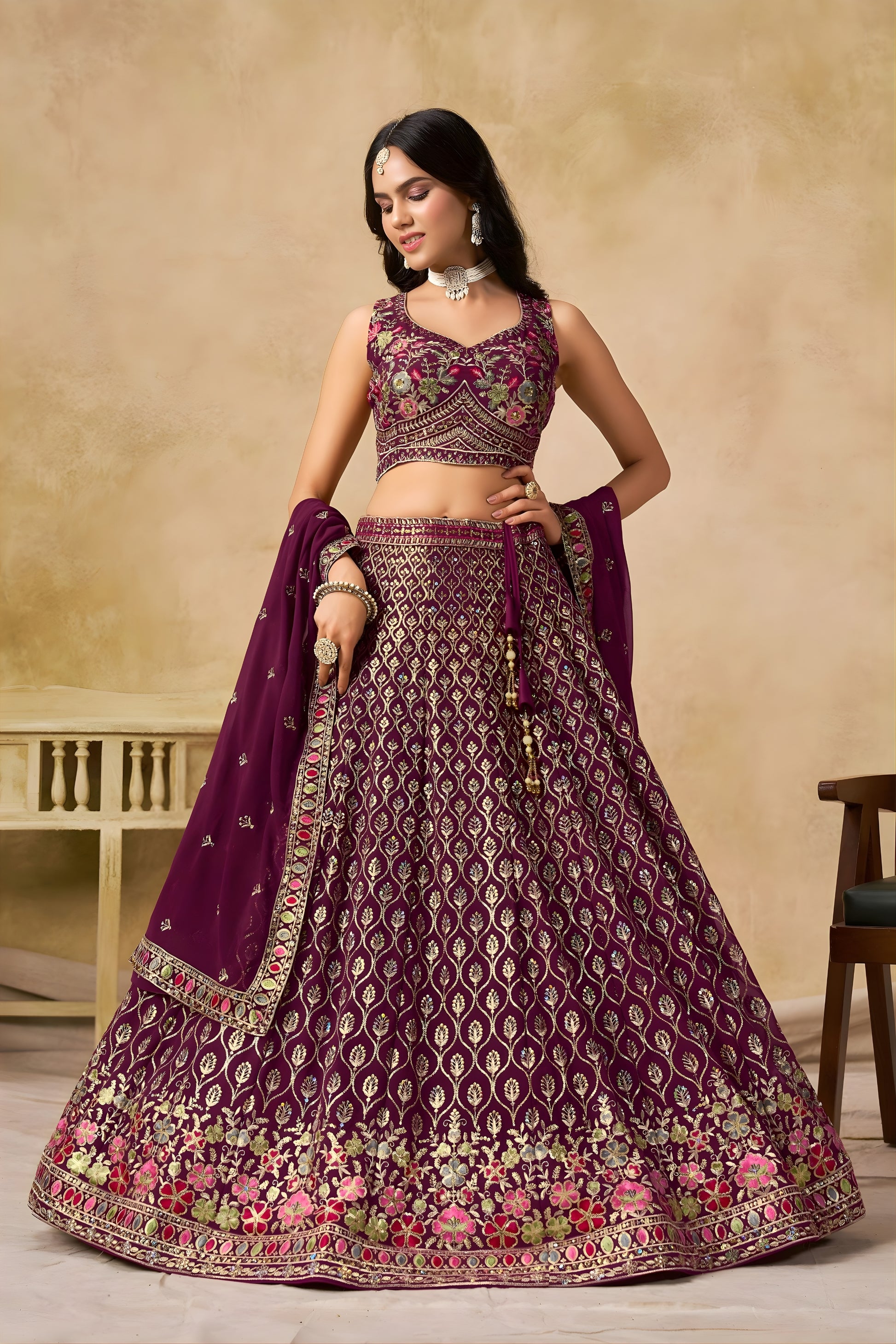 Fancy Maroon Georgette Lehenga Choli with Floral Zari Embroidery and Matching Dupatta for Wedding