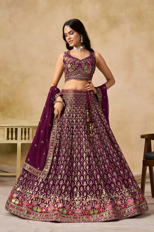 Fancy Maroon Georgette Lehenga Choli with Floral Zari Embroidery and Matching Dupatta for Wedding