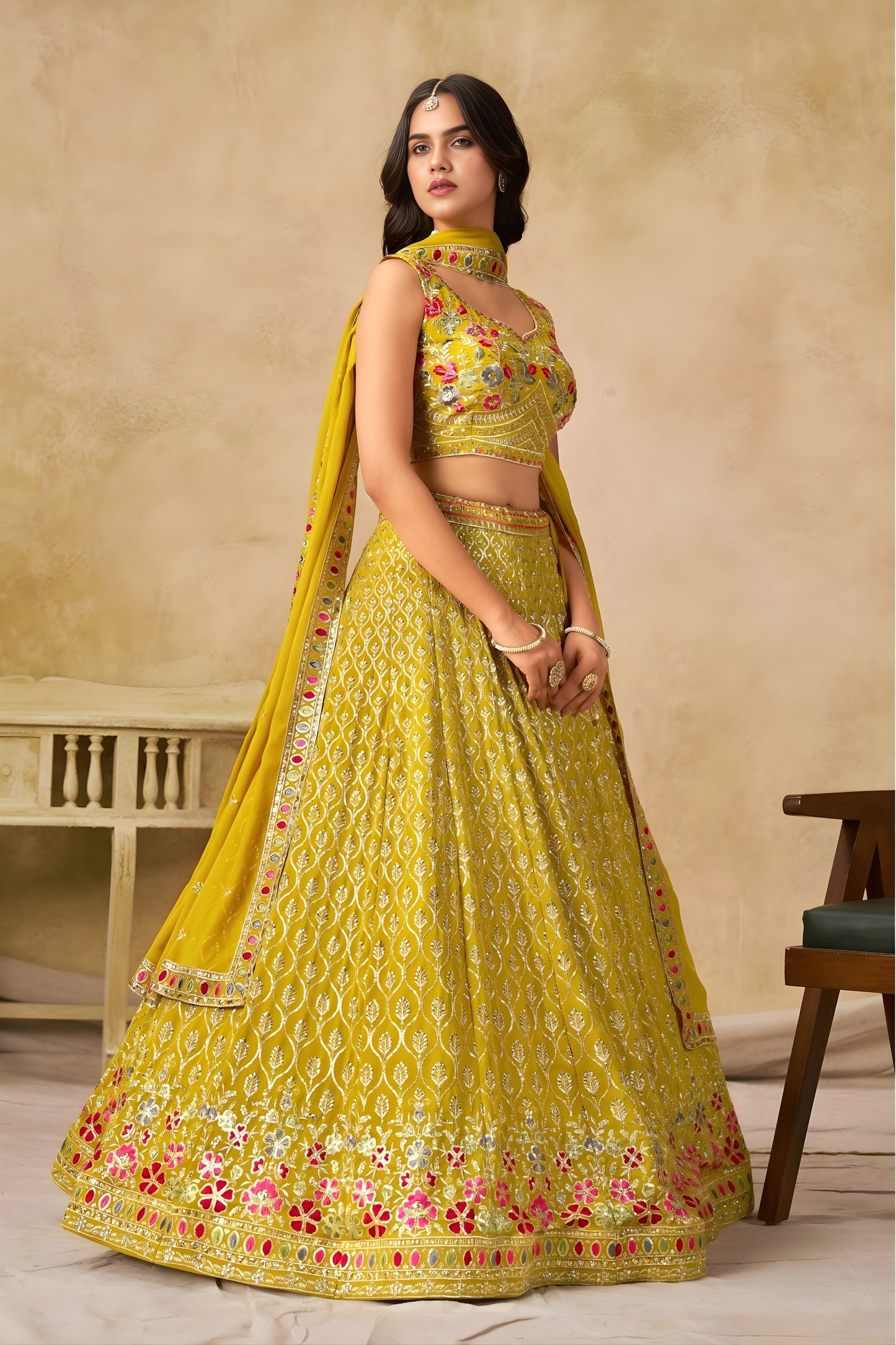 Wonderful Yellow Georgette Lehenga Choli with Floral Zari Embroidery and Matching Dupatta for Wedding