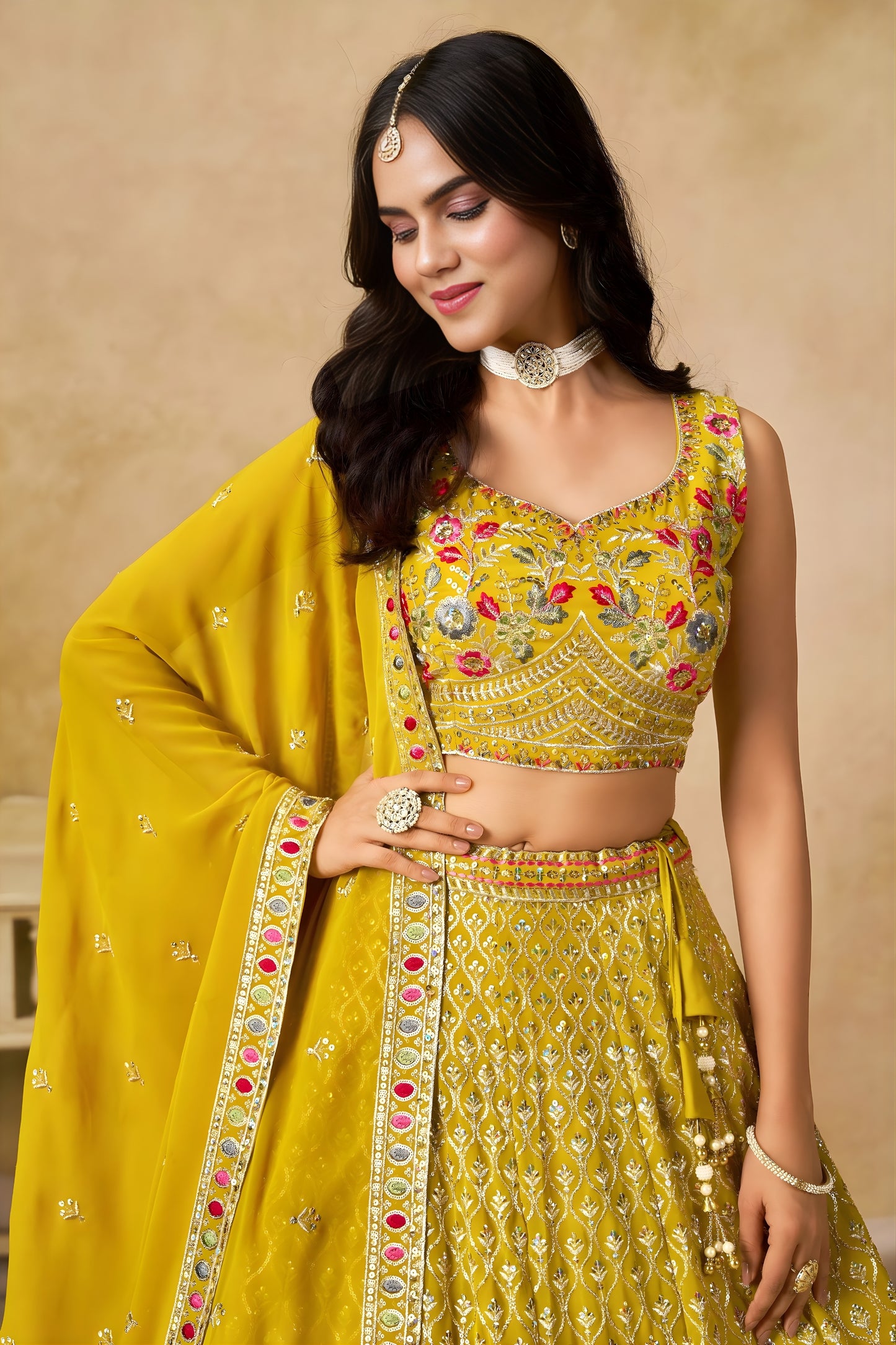 Wonderful Yellow Georgette Lehenga Choli with Floral Zari Embroidery and Matching Dupatta for Wedding