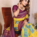 Yellow and Wine Ikat Silk Saree with Traditional Saree Contrast Border