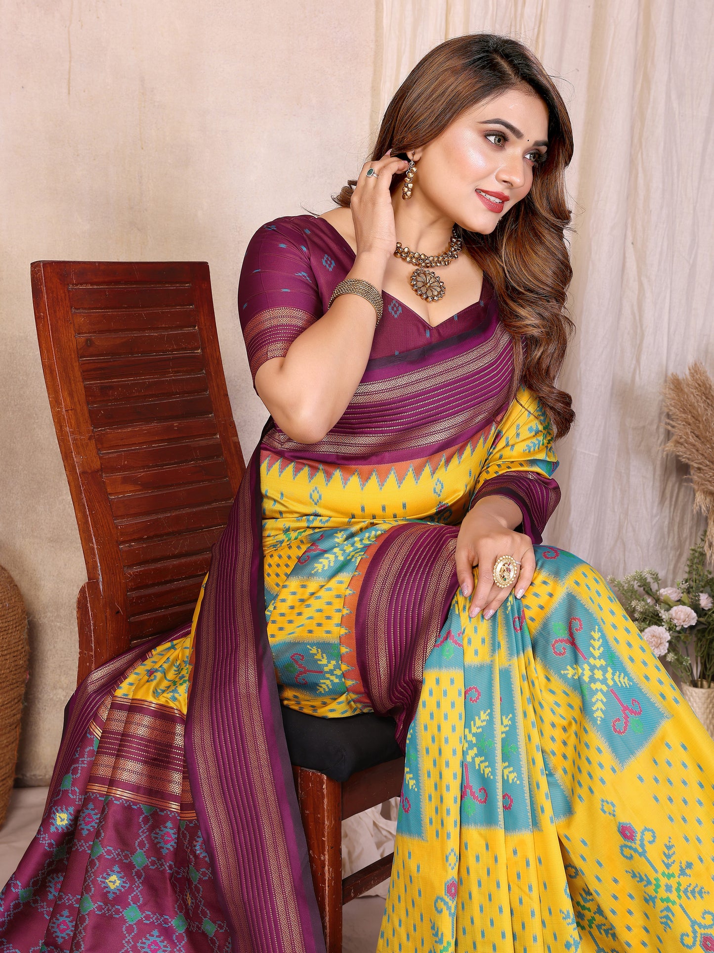 Yellow and Wine Ikat Silk Saree with Traditional Saree Contrast Border