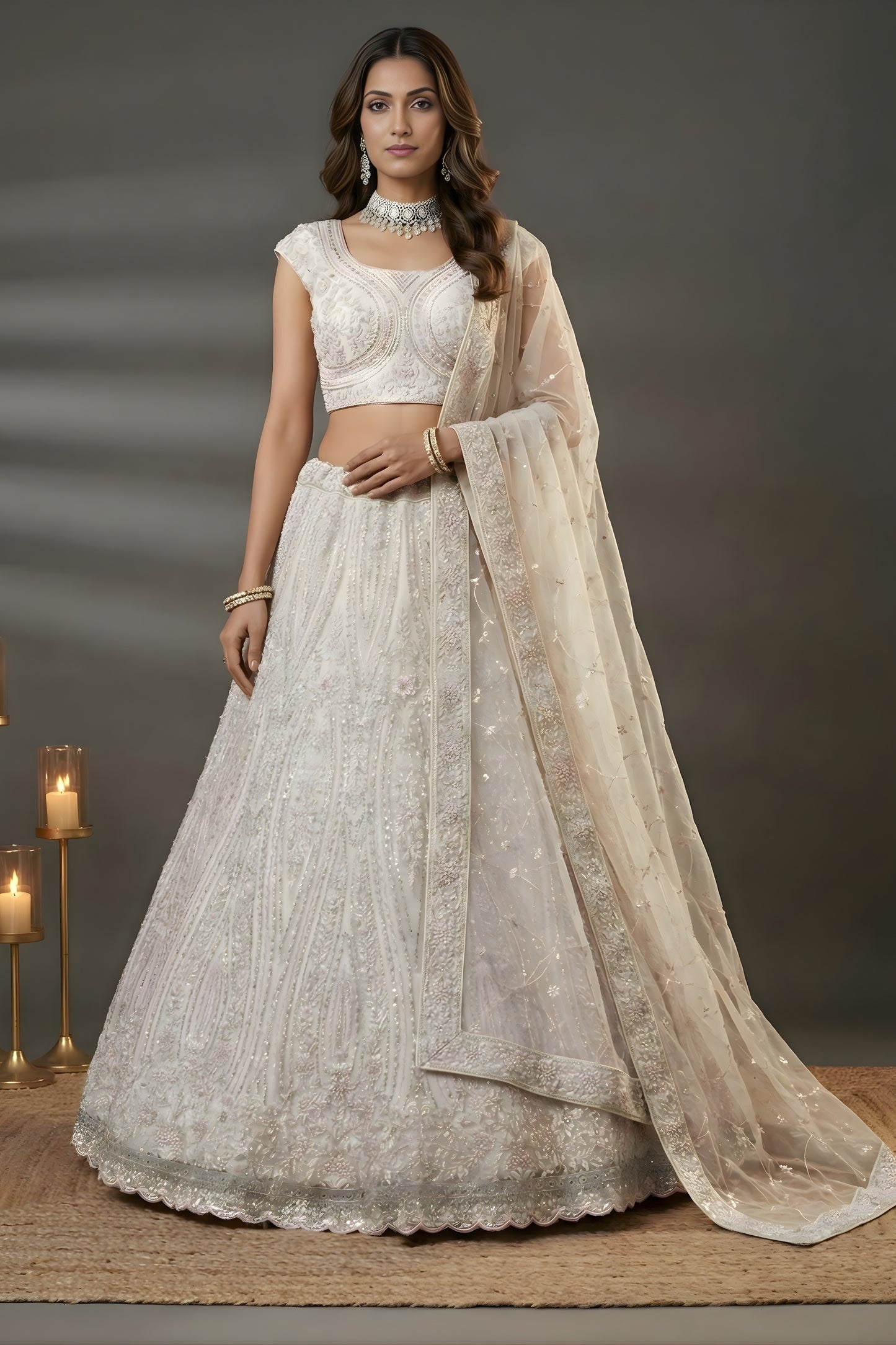 Elegant White Net Embroidered Bridal Lehenga Choli with Dupatta For Wedding