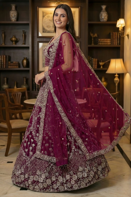 Stylish Burgundy Net Embroidered Bridal Lehenga Choli with Matching Dupatta for Wedding