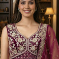 Stylish Burgundy Net Embroidered Bridal Lehenga Choli with Matching Dupatta for Wedding