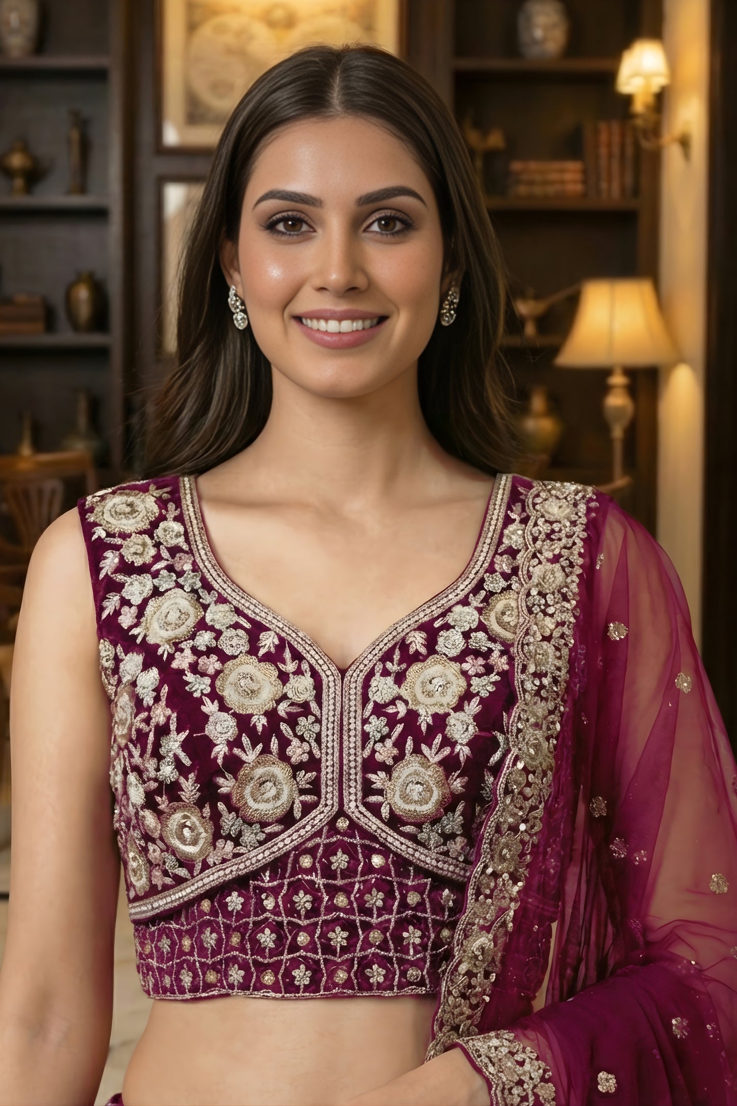 Stylish Burgundy Net Embroidered Bridal Lehenga Choli with Matching Dupatta for Wedding