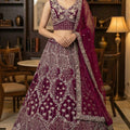 Stylish Burgundy Net Embroidered Bridal Lehenga Choli with Matching Dupatta for Wedding