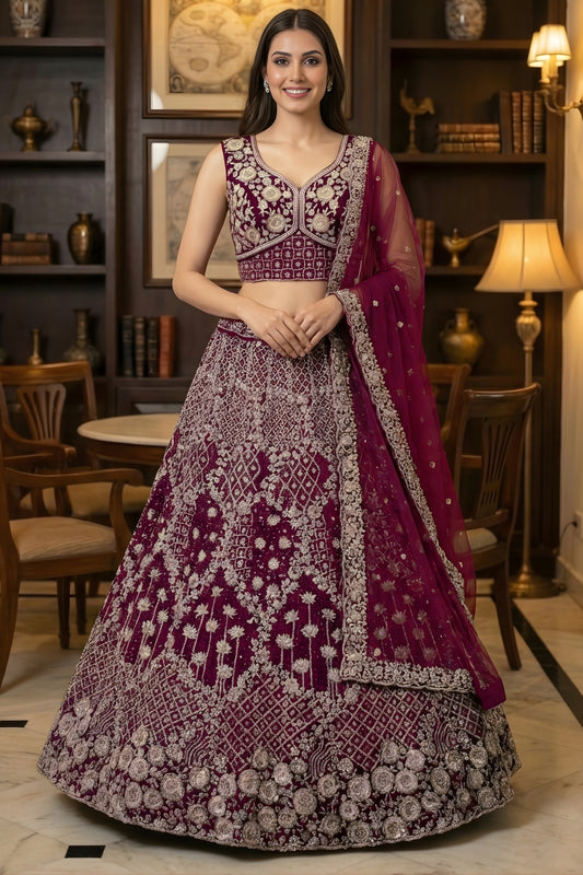 Stylish Burgundy Net Embroidered Bridal Lehenga Choli with Matching Dupatta for Wedding