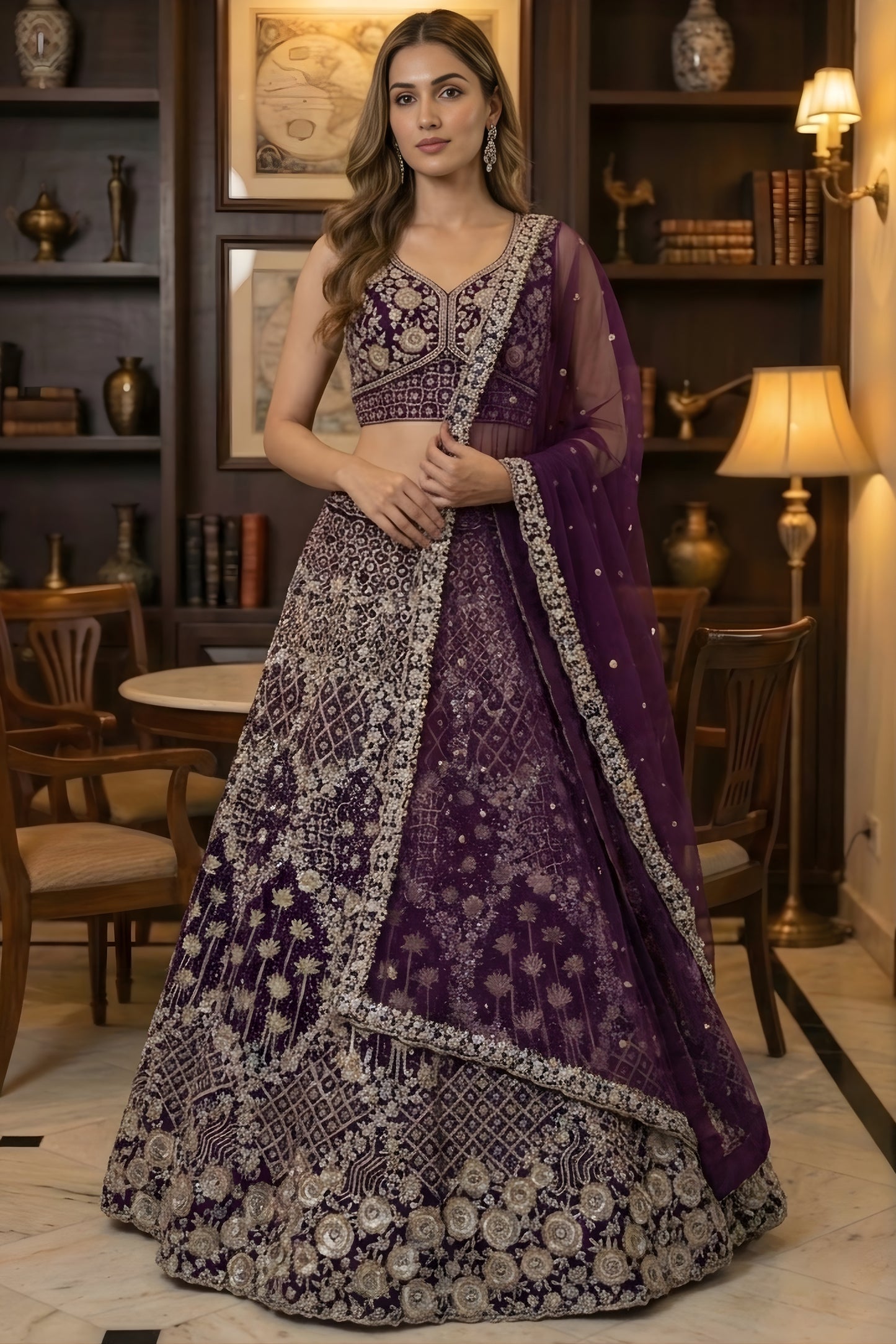 Royal Purple Net Embroidered Bridal Lehenga Choli with Matching Dupatta for Wedding