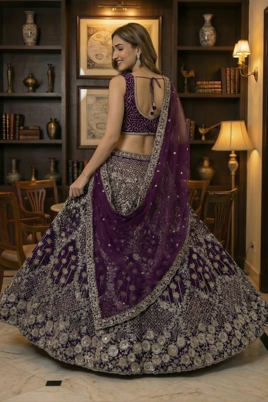 Royal Purple Net Embroidered Bridal Lehenga Choli with Matching Dupatta for Wedding