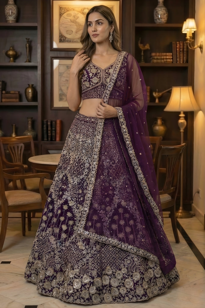Royal Purple Net Embroidered Bridal Lehenga Choli with Matching Dupatta for Wedding