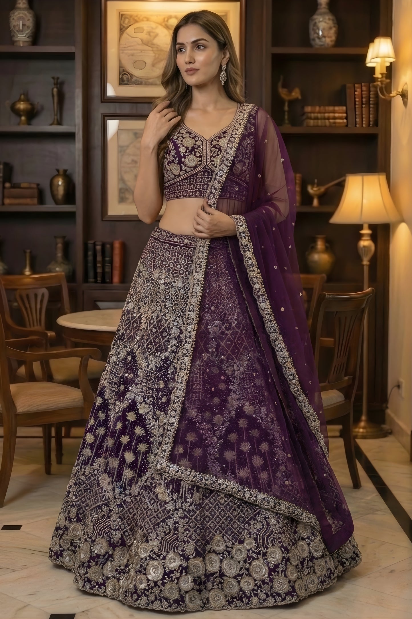 Royal Purple Net Embroidered Bridal Lehenga Choli with Matching Dupatta for Wedding
