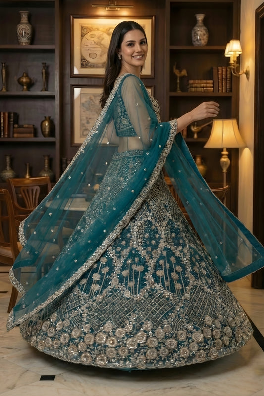 Superb Teal Green Net Embroidered Bridal Lehenga Choli with Matching Dupatta for Wedding