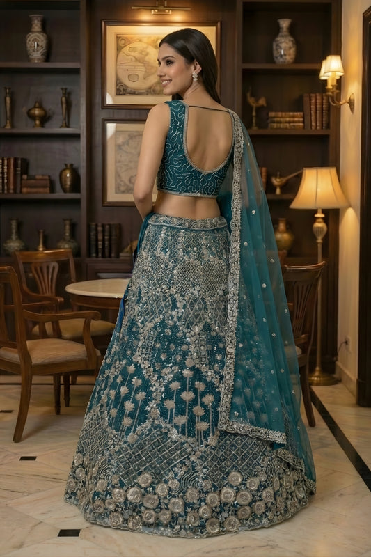 Superb Teal Green Net Embroidered Bridal Lehenga Choli with Matching Dupatta for Wedding