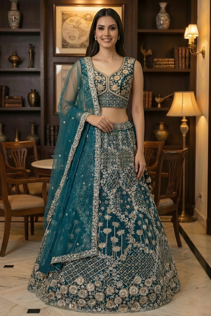 Superb Teal Green Net Embroidered Bridal Lehenga Choli with Matching Dupatta for Wedding