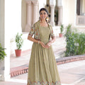 Elegant Olive Green Vichitra Silk Embroidered Gown with Printed Border and Koti